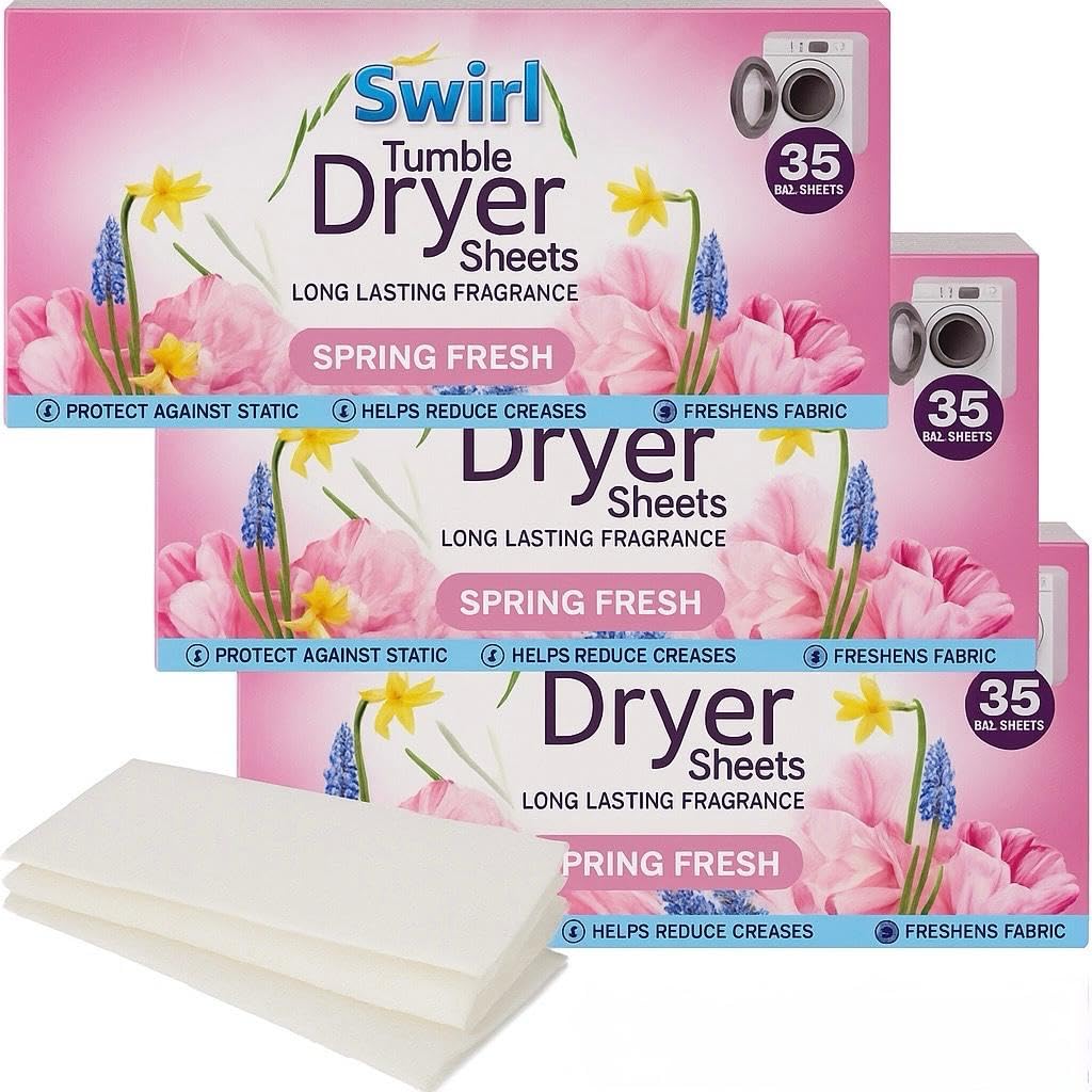 Tumble Dryer Sheets, Spring Fresh, 3 Packs, 105 Sheets