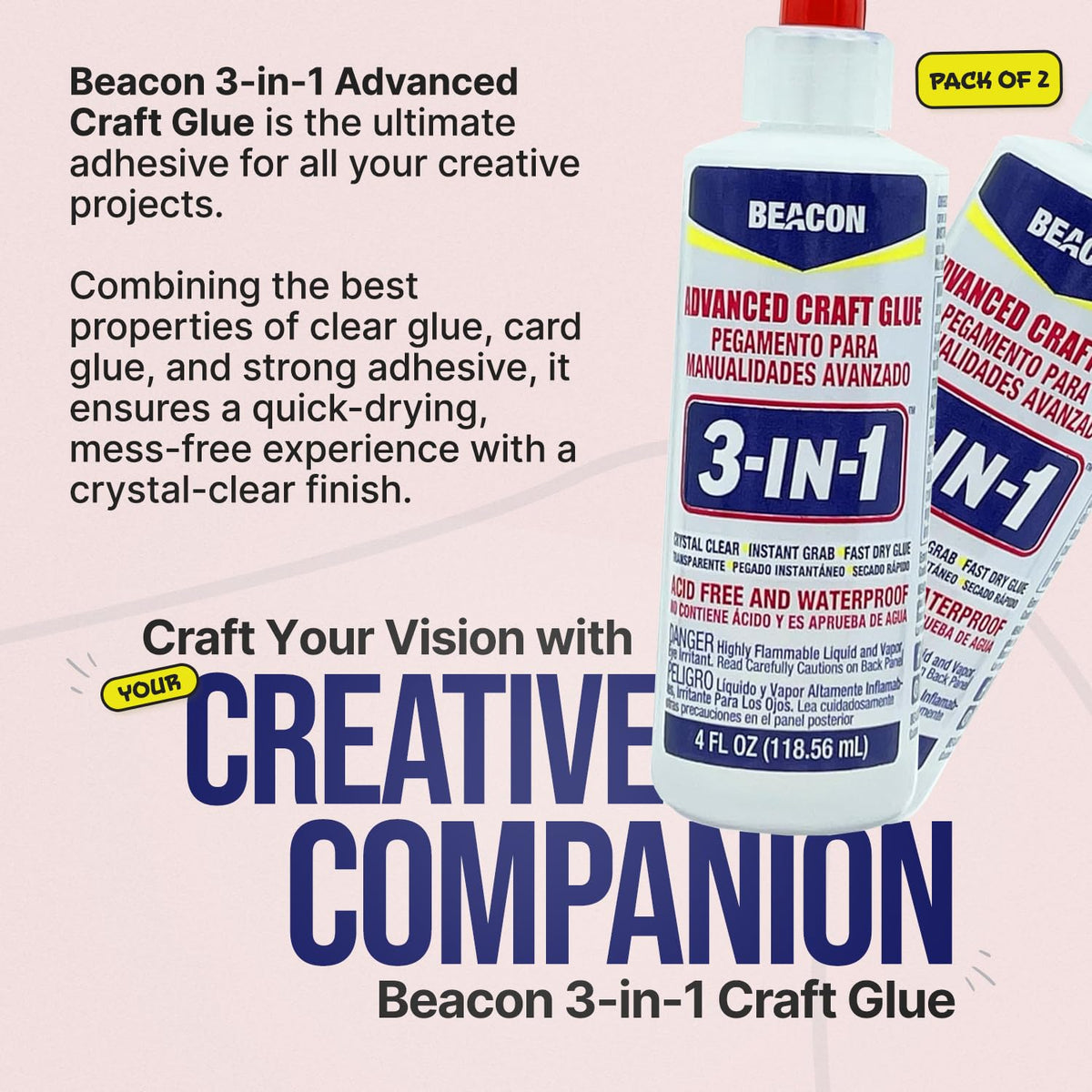 Beacon 3-in-1 Advanced Craft Glue, Dries Clear, 118.56ml, Pack of 2