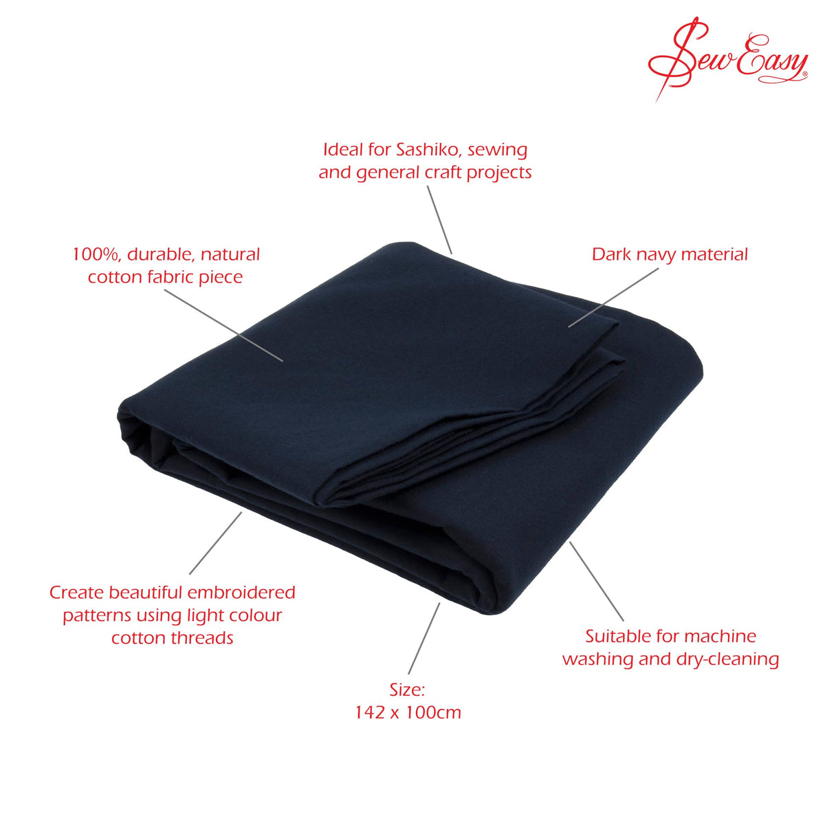 Sashiko Cotton Fabric, Dark Navy, 1m x 1.42m