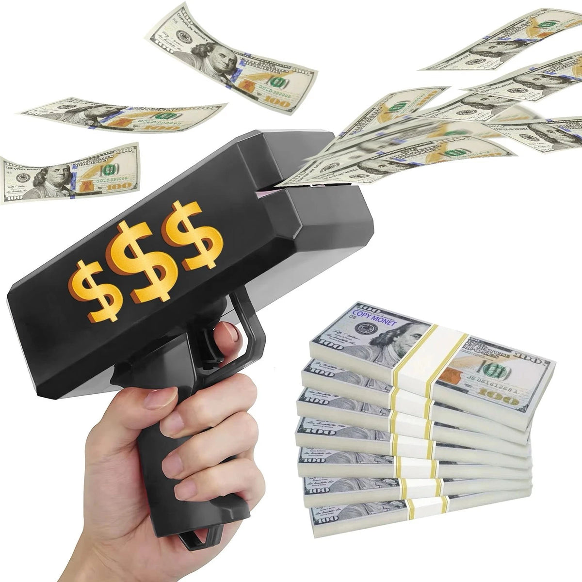 Black Cannon Money Gun Toy with 100 Dollar-Style Notes – Cash Spray Party Gun