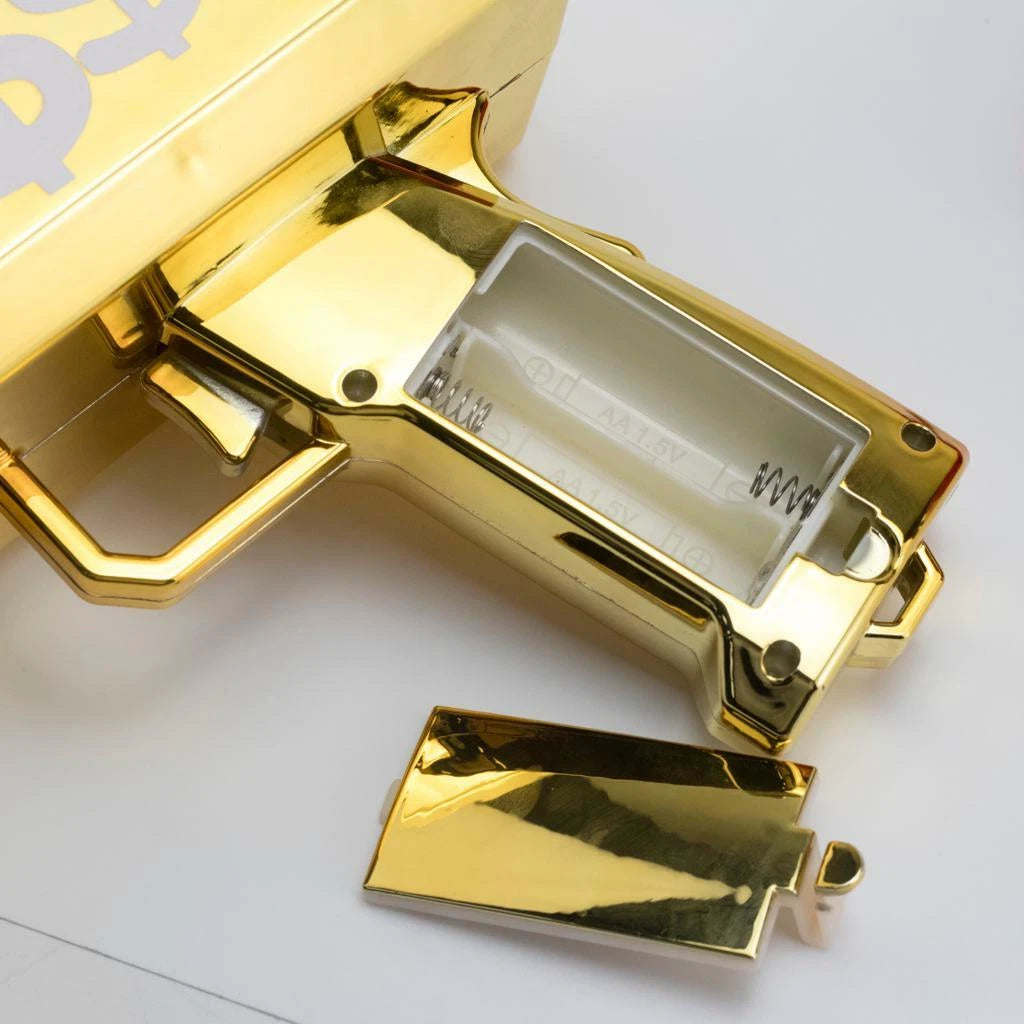 Gold Cannon Money Gun Toy with 100 Dollar-Style Notes – Cash Spray Party Gun