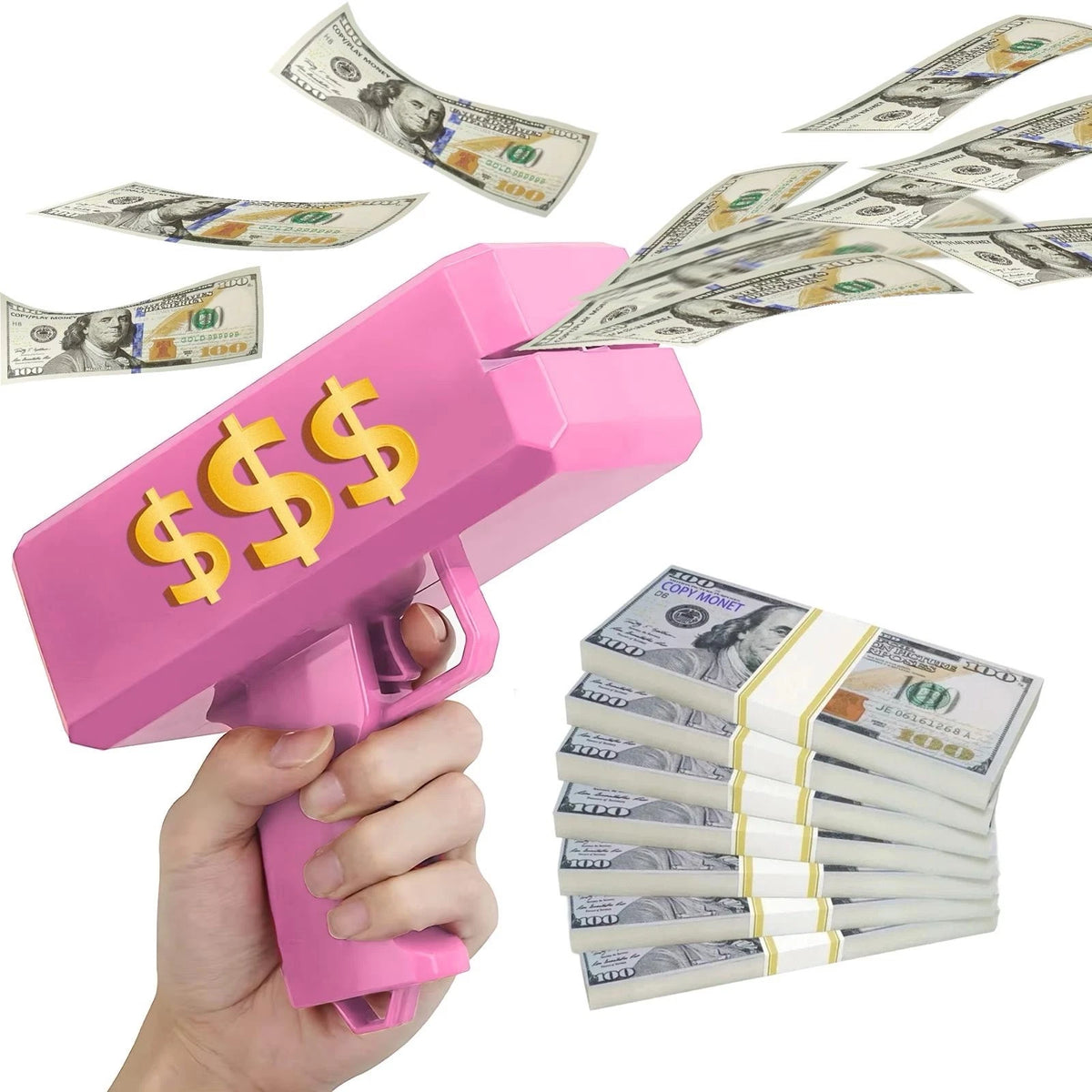 Pink Cannon Money Gun Toy with 100 Dollar-Style Notes – Cash Spray Party Gun