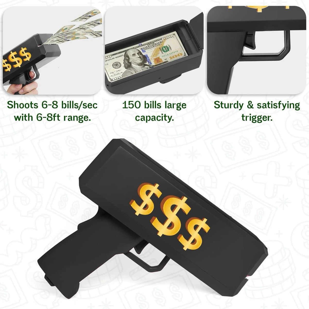 Black Cannon Money Gun Toy with 100 Dollar-Style Notes – Cash Spray Party Gun