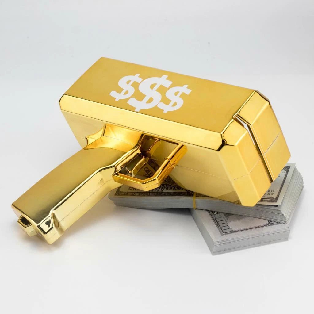 Gold Cannon Money Gun Toy with 100 Dollar-Style Notes – Cash Spray Party Gun