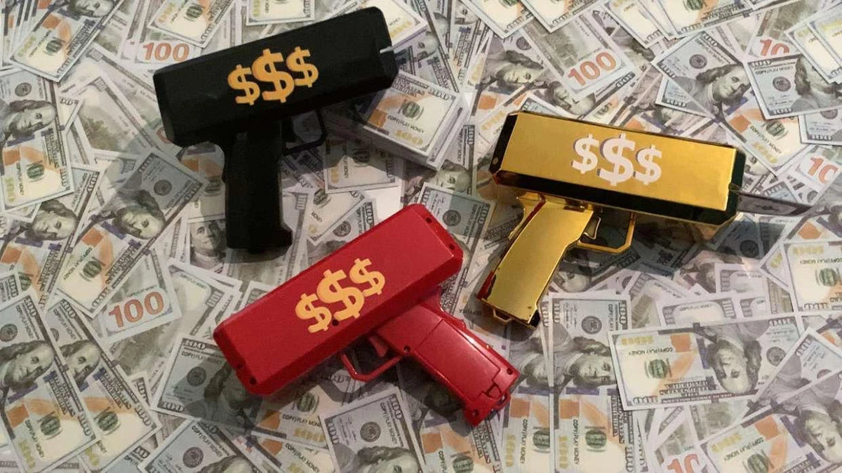 MONEY GUN CASH CANNON SHOOT GUN GIFT PARTY GAME GUN + 100 Free Dollar NOTES