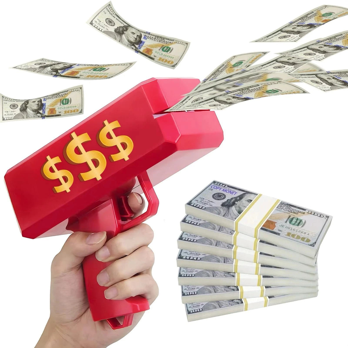Red Cannon Money Gun Toy with 100 Dollar-Style Notes – Cash Spray Party Gun
