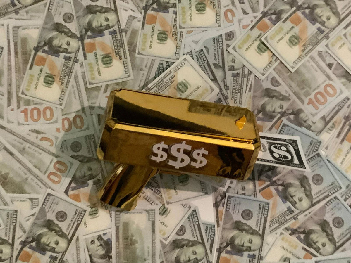 MONEY GUN CASH CANNON SHOOT GUN GIFT PARTY GAME GUN + 100 Free Dollar NOTES