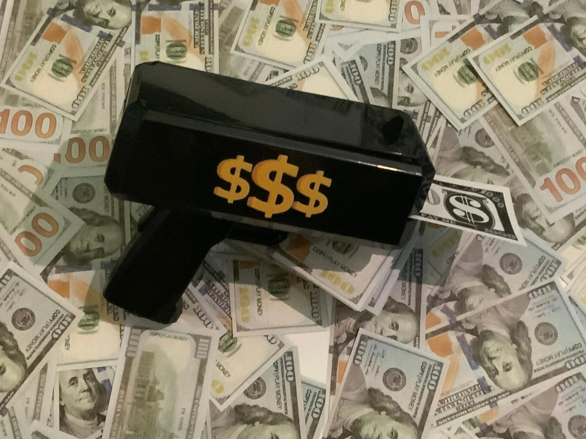 MONEY GUN CASH CANNON SHOOT GUN GIFT PARTY GAME GUN + 100 Free Dollar NOTES