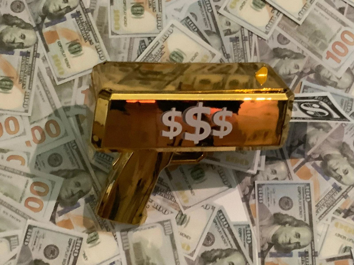 MONEY GUN CASH CANNON SHOOT GUN GIFT PARTY GAME GUN + 100 Free Dollar NOTES