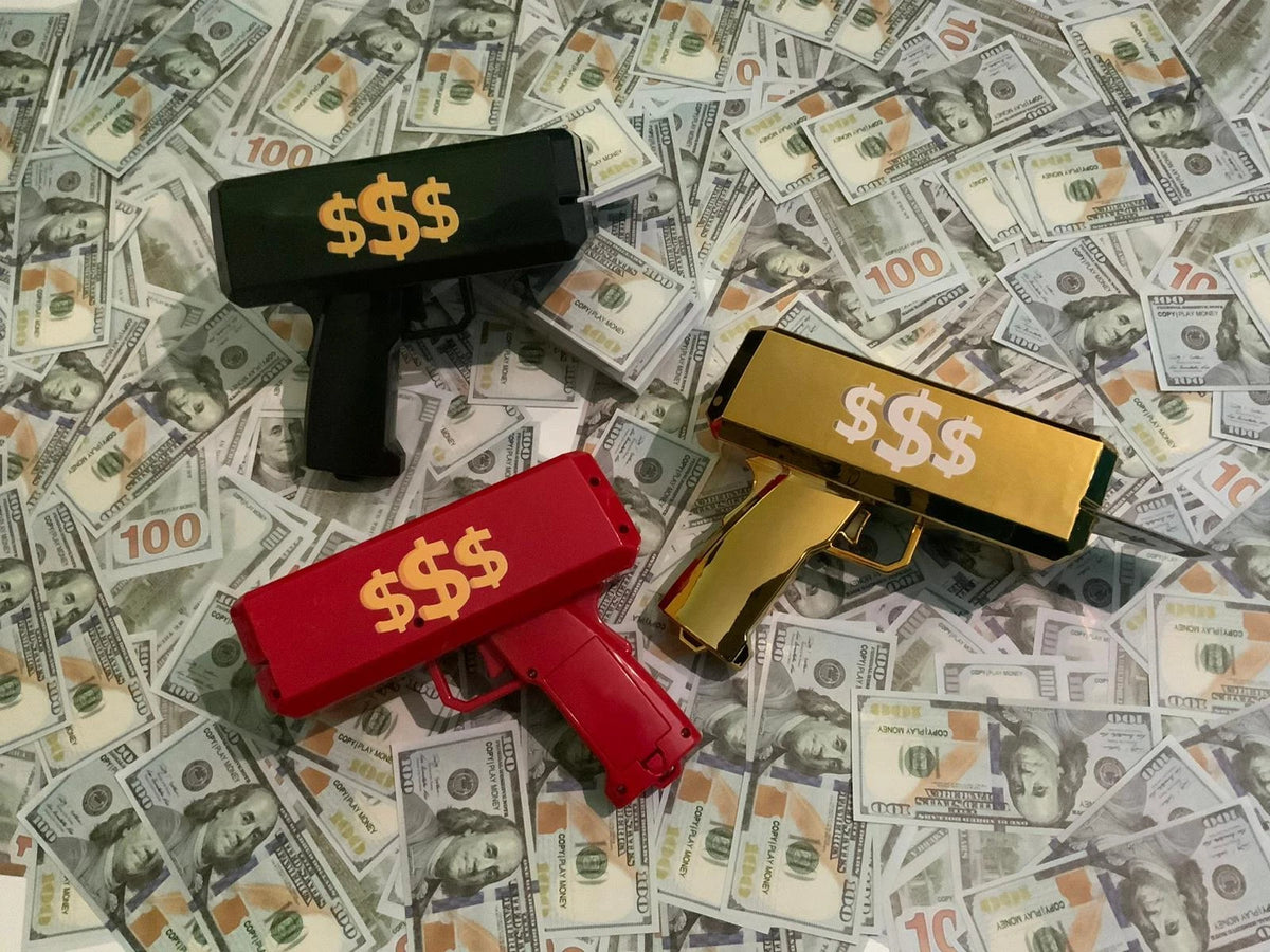 MONEY GUN CASH CANNON SHOOT GUN GIFT PARTY GAME GUN + 100 Free Dollar NOTES
