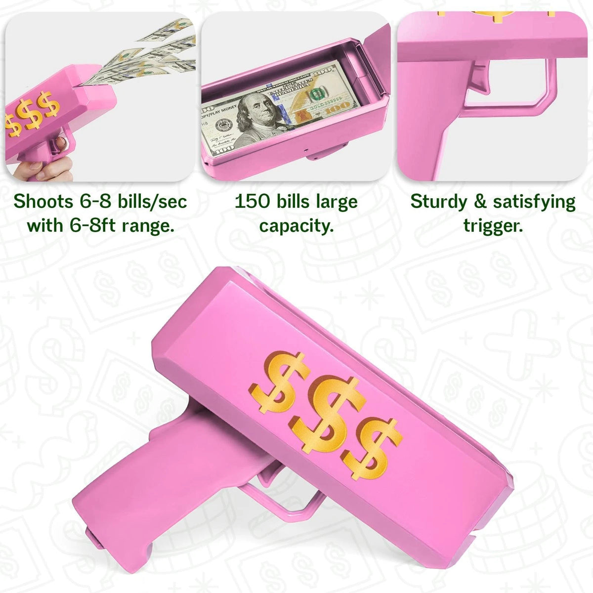 MONEY GUN CASH CANNON SHOOT GUN GIFT PARTY GAME GUN + 100 Free Dollar NOTES