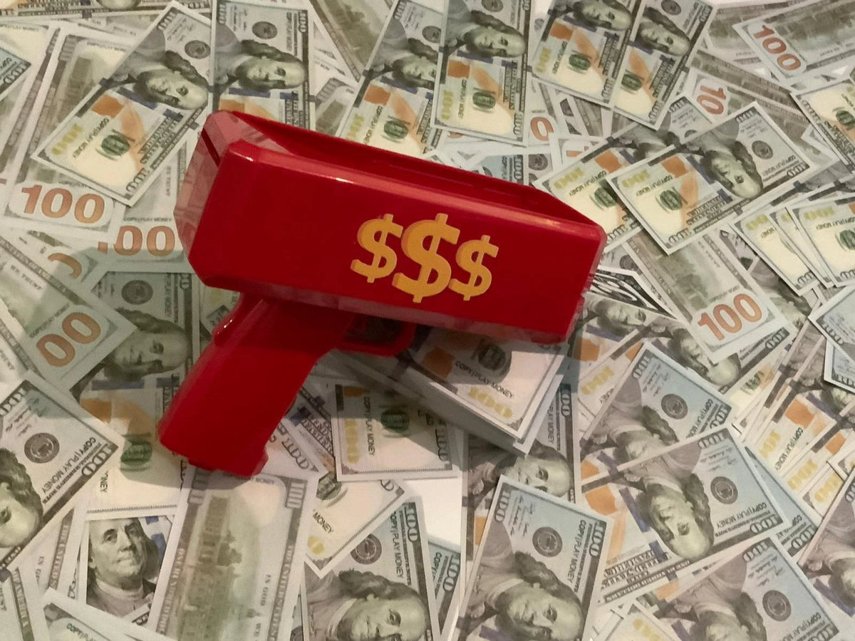 MONEY GUN CASH CANNON SHOOT GUN GIFT PARTY GAME GUN + 100 Free Dollar NOTES